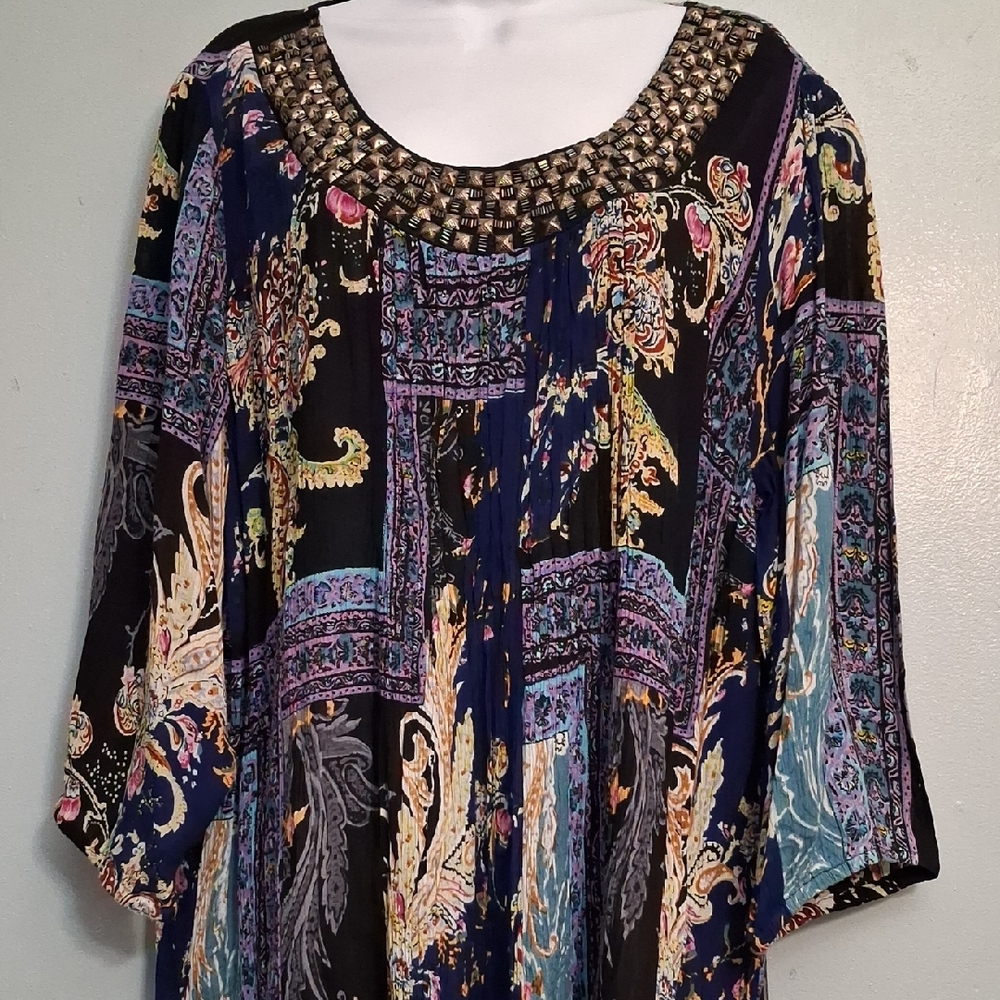 Dressbarn size 2X women's patchwork black and blue embellished blouse.